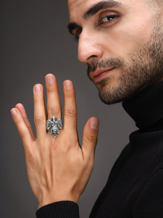 Bold By Priyaasi Silver-Plated Crown Adorned with Lion Face Ring