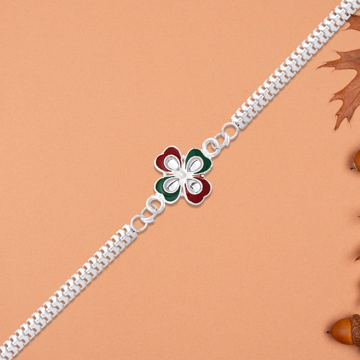 Designer Flower Rakhi With Mirror Stone Center And Dual-link Metal Chain