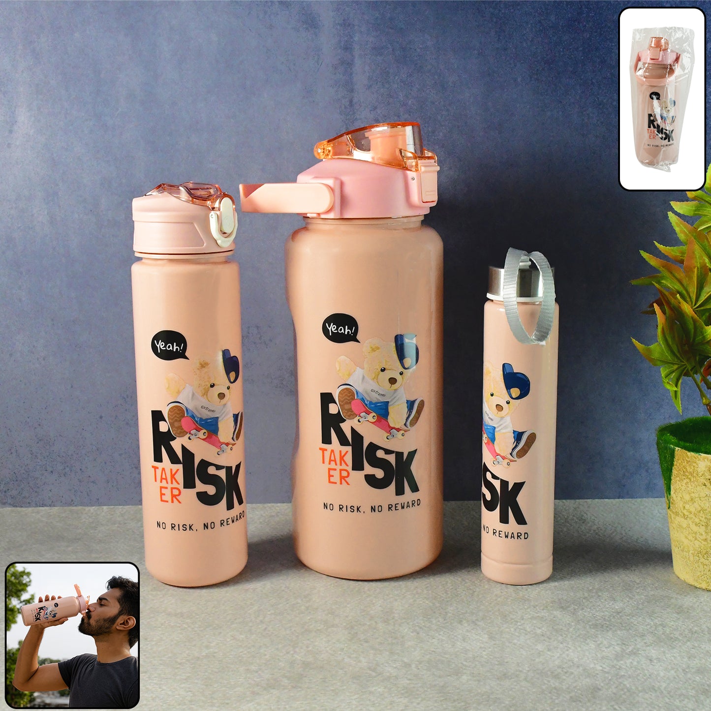 Cartoon Printed Water Bottle - (3 Pc  Set)