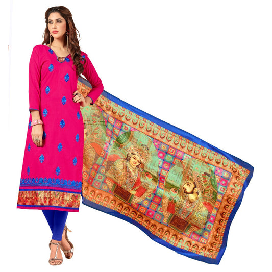 Slub Cotton Fabric Pink Color Unstitched Salwar-Suit Material With Dupatta