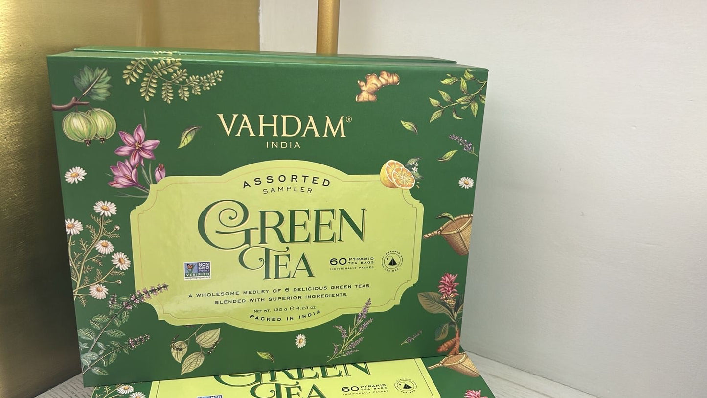 Green Tea Assortment Gift Set, 6 Flavors, 10 Pyramid Tea Bags Each (EBO)