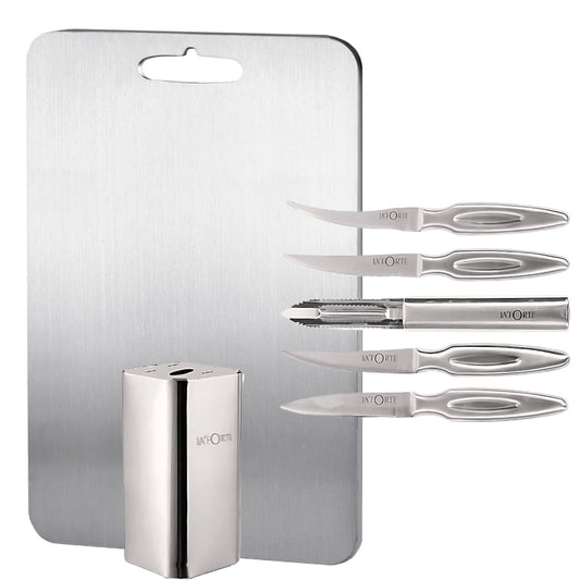 LA' FORTE Premium Combo - 5-Piece Metal Knife Set with Metal Block & Stainless Steel Chopping Board (31 cm x 20.5 cm)