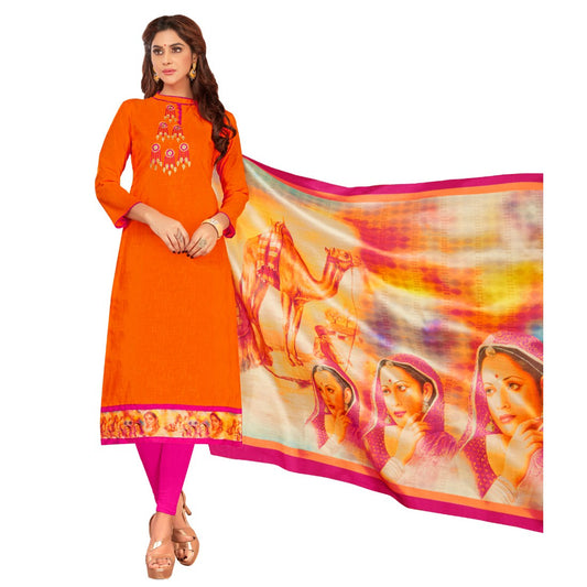 Slub Cotton Fabric Orange Color Unstitched Salwar-Suit Material With Dupatta