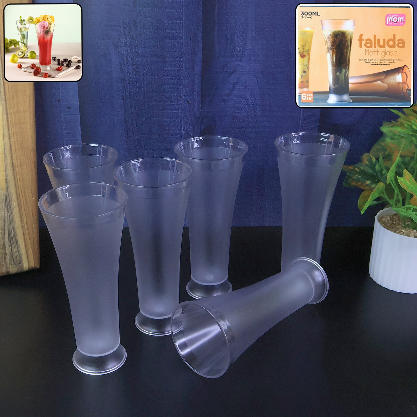 Supermom Plastic Faluda Matt Glass Set (300ml  6 Pc)