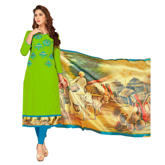 Slub Cotton Fabric Green Color Unstitched Salwar-Suit Material With Dupatta