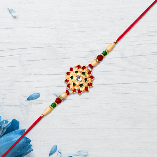 Multicolor Floral Rakhi With Mirror Center And Beaded Thread