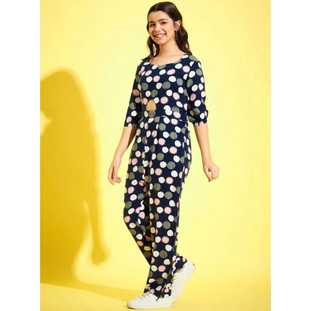 Generic Girl's Cotton Polka 3-4th Sleeve Jumpsuit (Multicolor)