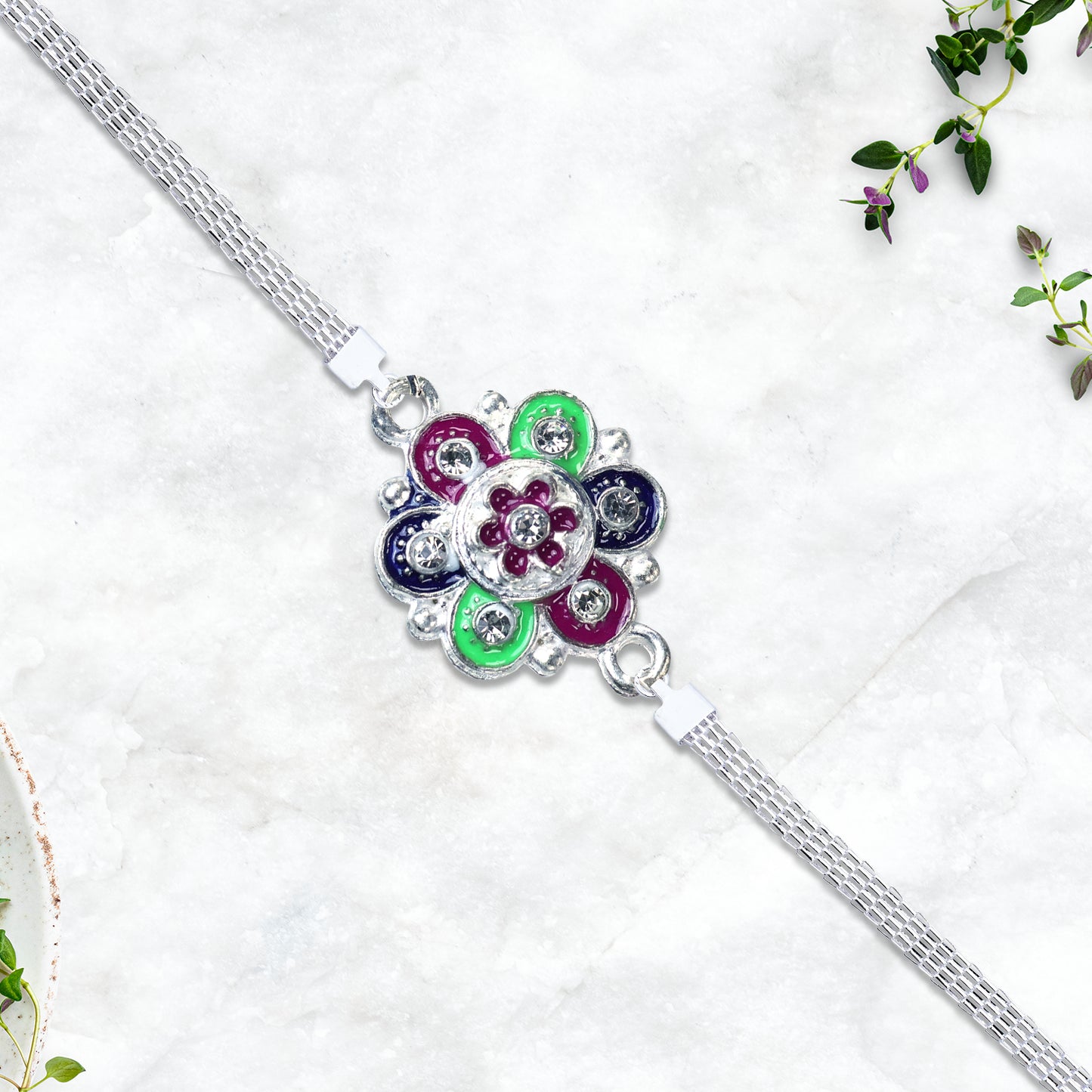 Silver Flower Motif Rakhi