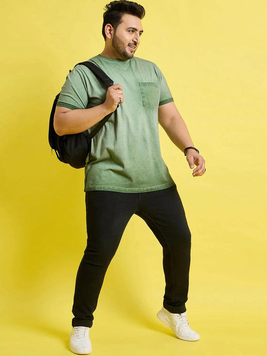 Men Plus Size Piccolo-Green Solid Round Neck Tshirt