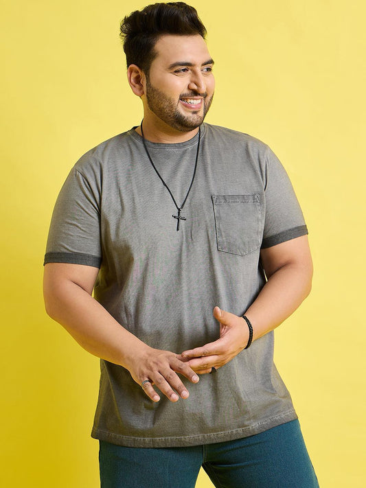 Men Plus Size Piccolo-Grey Solid Round Neck Tshirt