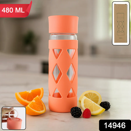 Glass Water Bottle With Protective Sleeve - (1 Pc  480 Ml)