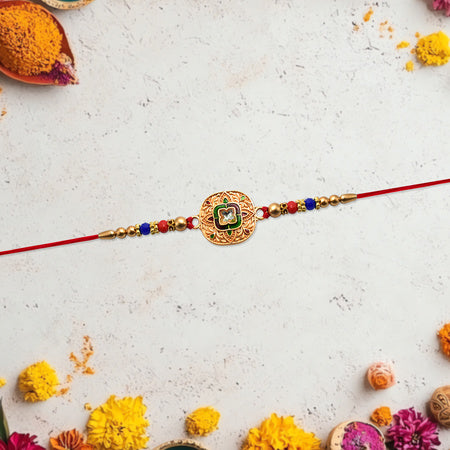 Traditional Kundan Rakhi With Antique Gold Finish  Multicolor Beads