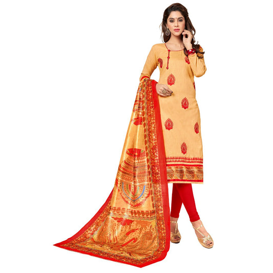 Slub Cotton Fabric Beige Color Unstitched Salwar-Suit Material With Dupatta