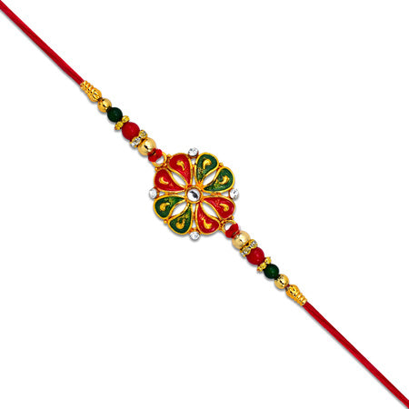 Designer Flower Rakhi With Colorful Enamel Petals And Golden Beads