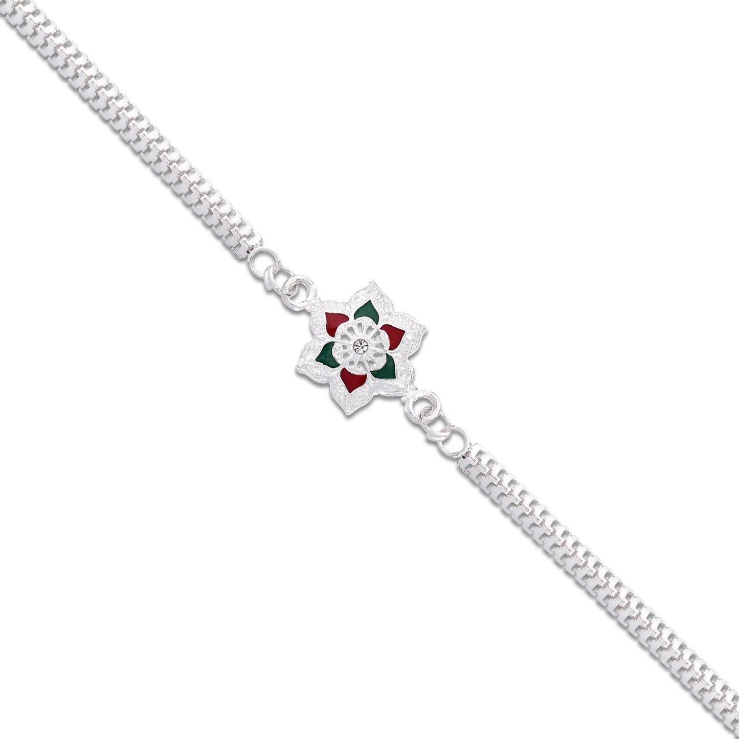 Silver Lotus Rakhi With Red-green Enamel  Chain Strap