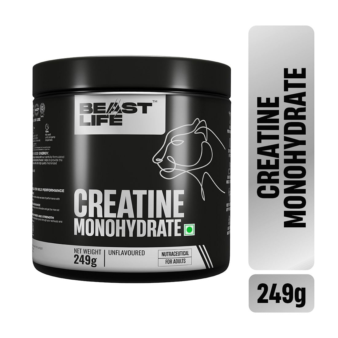 BeastLife Super Micronized Creatine Monohydrate Powder Unflavoured 249G|Premium Sports Nutrition|Nabl Lab Tested|Rapid Absorption|Supports Athletic Performance & Power (249G)
