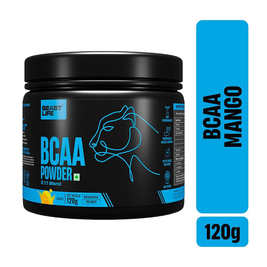BeastLife High recovery BCAA Fruit Punch Flavour | 2:1:1 Blend, Unleash your energy, Premium Sports Nutrition, High absorbtion recovery powder for Men & Women (120g, Mango)