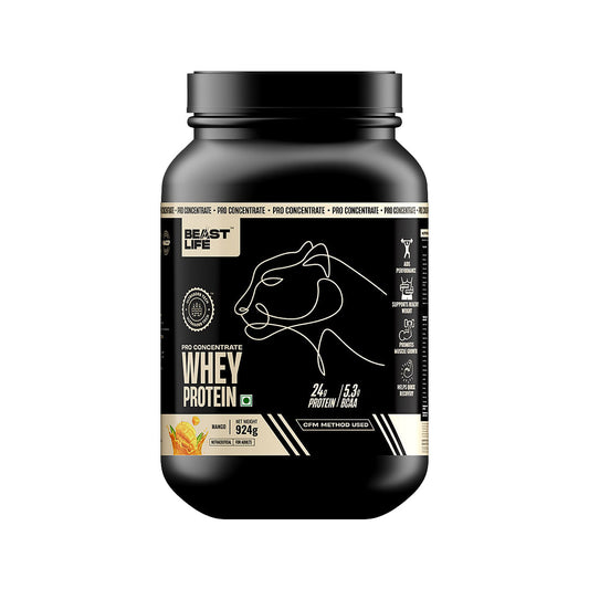 BeastLife Pro Whey Protein Mango flavour | 924g, 24g Protein 5.3g BCAA per scoop | Premium Sports Nutrition | High Absorbtion Fuels Muscle| Speed Recovery for (924g, Mango)