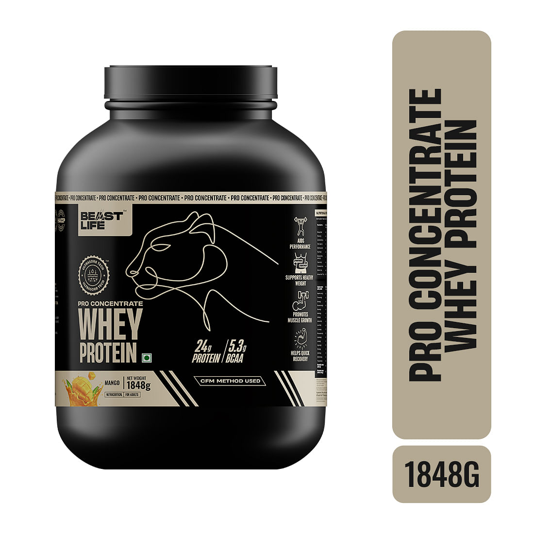 BeastLife Pro Whey Protein Mango flavour| 1848g| 24g Protein per scoop 5.3g BCAA | Premium Sports Nutrition | High Absorbtion Fuels Muscle| Speed Recovery for Men &amp;amp;amp;amp; Women (1848g, Mango)