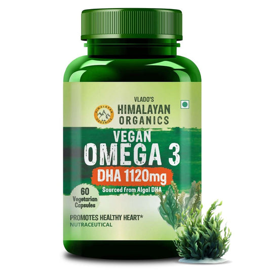 Vlado's Himalayan Organics Vegen Omega 3 - 1120 MG Supplement | 3X Strength | Veg DHA | Vegetarian Omega 3 | Algal DHA | Plant Based | No Fish oil Used I Healthy Heart, Joints & Eyes I Omega Capsules for Men & Women- 60 Veg Capsules