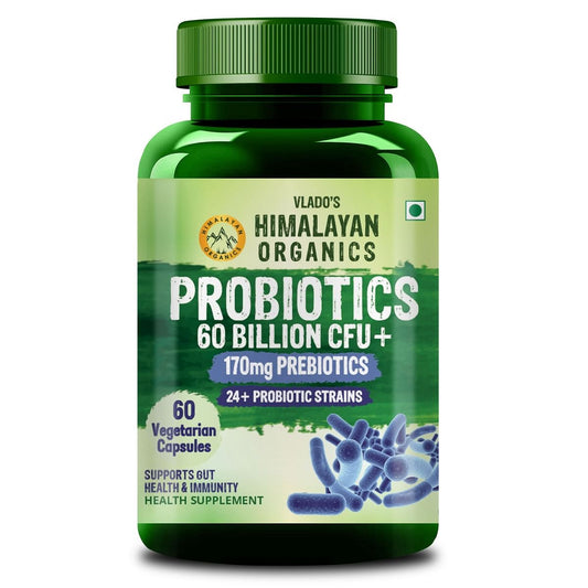 Vlado's Himalayan Organic Probiotics 60 Billion CFU + 170Mg Prebiotics + 24 Strains Supplement | Better Nutrient Absorption | Healthy Digestion, Stronger Immunity & Overall Wellness - 60 Veg Capsules