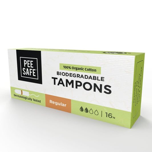 Pee Safe 100% Organic, Biodegradable Cotton Tampons - Pack of 16 (Regular)