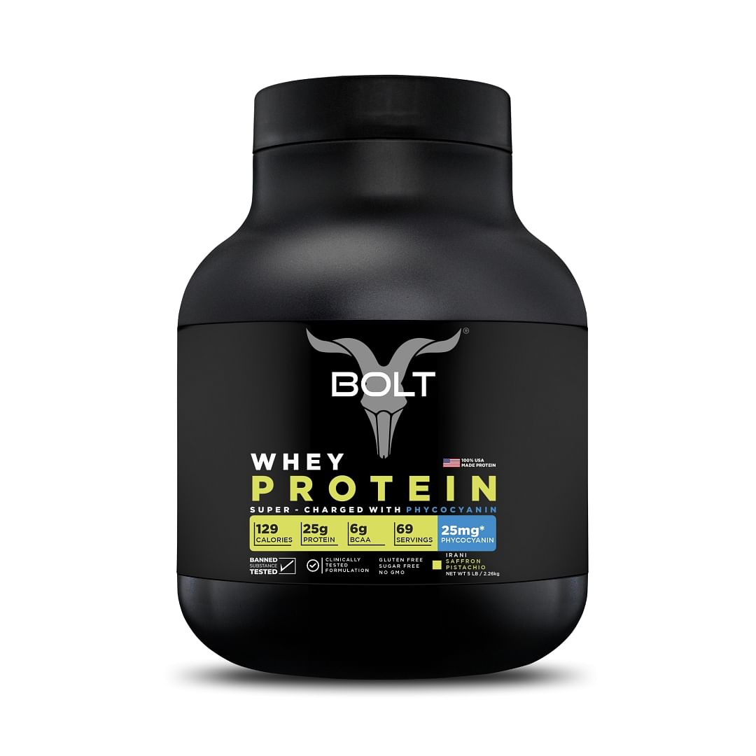 Bolt Whey Protein 2.26kg | Saffron Pistachio | 69 Servings | 25g Protein | 25mg Phycocyanin | Improves performance | Faster Recovery | Muscle Growth