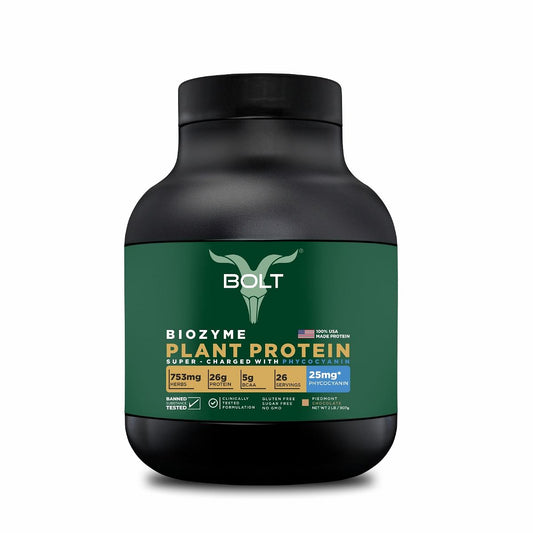 Bolt Biozyme Plant Protein Super-Charged With Phycocyanin, 26 g Protein | 2 lb, 907g | Piedmont Chocolate  | Quick muscle recovery, Lean muscle growth