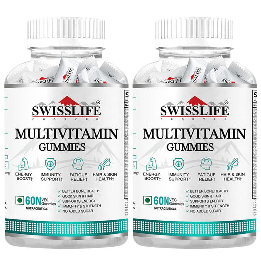SWISSLIFE FOREVER Multivitamin Gummies| Folic acid with Vit. C | Micronutrients Vit. C,A,D,E, Vit. B6,B9,B12| Sugar-free| Supports Immunity and Health| 60 Veg gummies ( Pack of 2)
