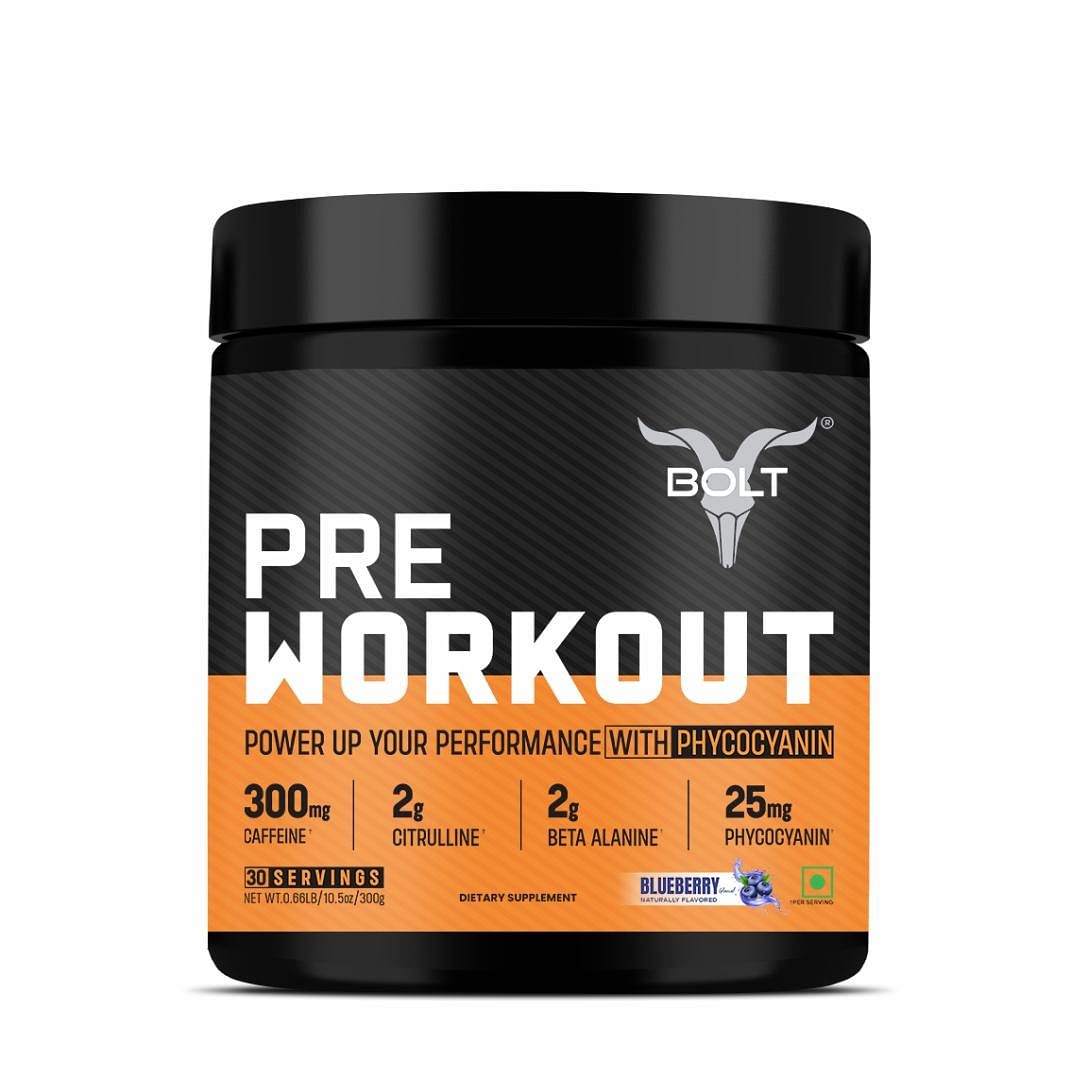 Bolt Nutrition Pre Workout Supplement With Caffeine, Citrulline Malate, B-Alanine, Taurine | For Explosive Energy, Pump & Focus | 300g, 30 Servings | Blue Berry Blast