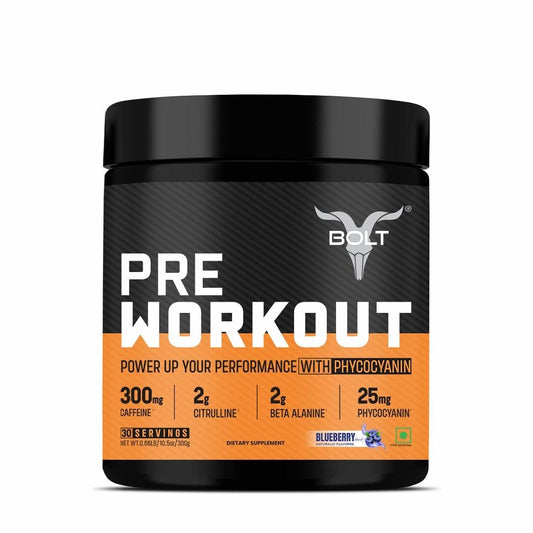 Bolt Nutrition Pre Workout Supplement With Caffeine, Citrulline Malate, B-Alanine, Taurine | For Explosive Energy, Pump & Focus | 300g, 30 Servings | Blue Berry Blast