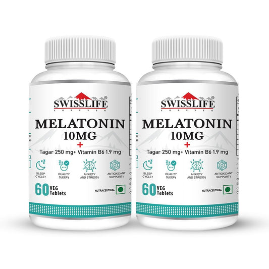SWISSLIFE FOREVER Melatonin 10mg+ Tablet | Sleeping Pills | Tablet with Tagar and Vitamin B6 Help in Nerve Health and Sleeping Disorder for Men & Women (60 Tablets) Pack of 2