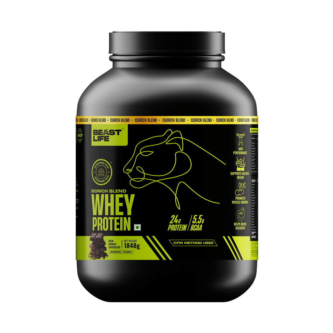 BeastLife Whey Protein Powder With Ultrasorb Tech,Isorich Blend,24G Protein,5.5G Bcaa,Sports Nutrition|High Absorbtion Fuels Muscle|Speed Recovery For Men &amp; Women - (1848g, Rich Double Chocolate)