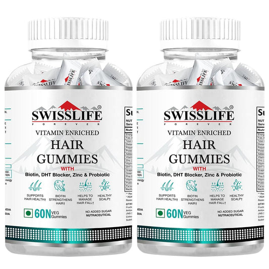 SWISSLIFE FOREVER Hair Gummies | Vitamin enriched Hair Gummies | Gummy with Biotin, DHT Blocker, Zinc & Probiotics Help in Hair Health, Scalp Health, and Helps to manage Hair Fall | For Men & Women (60 Gummies) Pack of 2