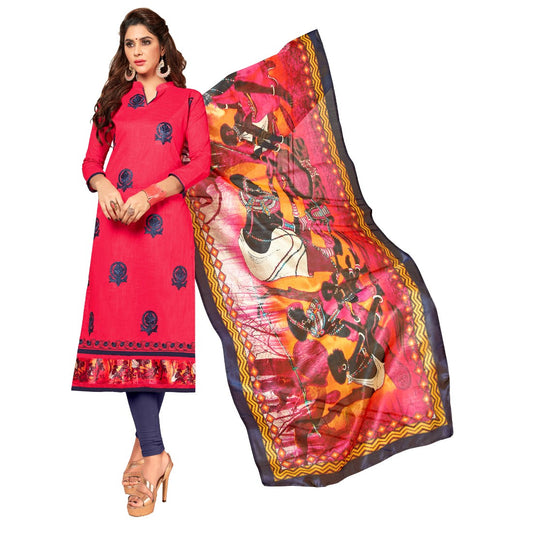 Slub Cotton Fabric Pink Color Unstitched Salwar-Suit Material With Dupatta