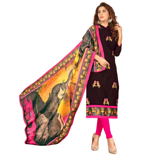 Slub Cotton Fabric Black Color Unstitched Salwar-Suit Material With Dupatta