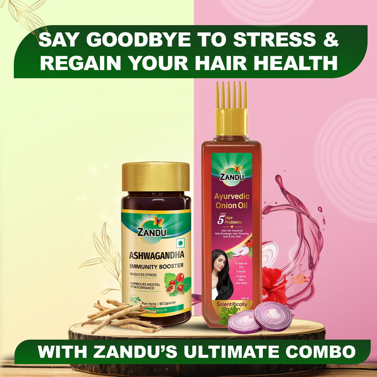 Zandu Ayurvedic Onion Oil (200ml) + Zandu Ashwagandha (60 Caps) combo