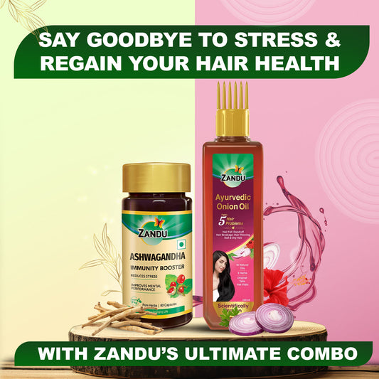 Zandu Ayurvedic Onion Oil (200ml) + Zandu Ashwagandha (60 Caps) combo