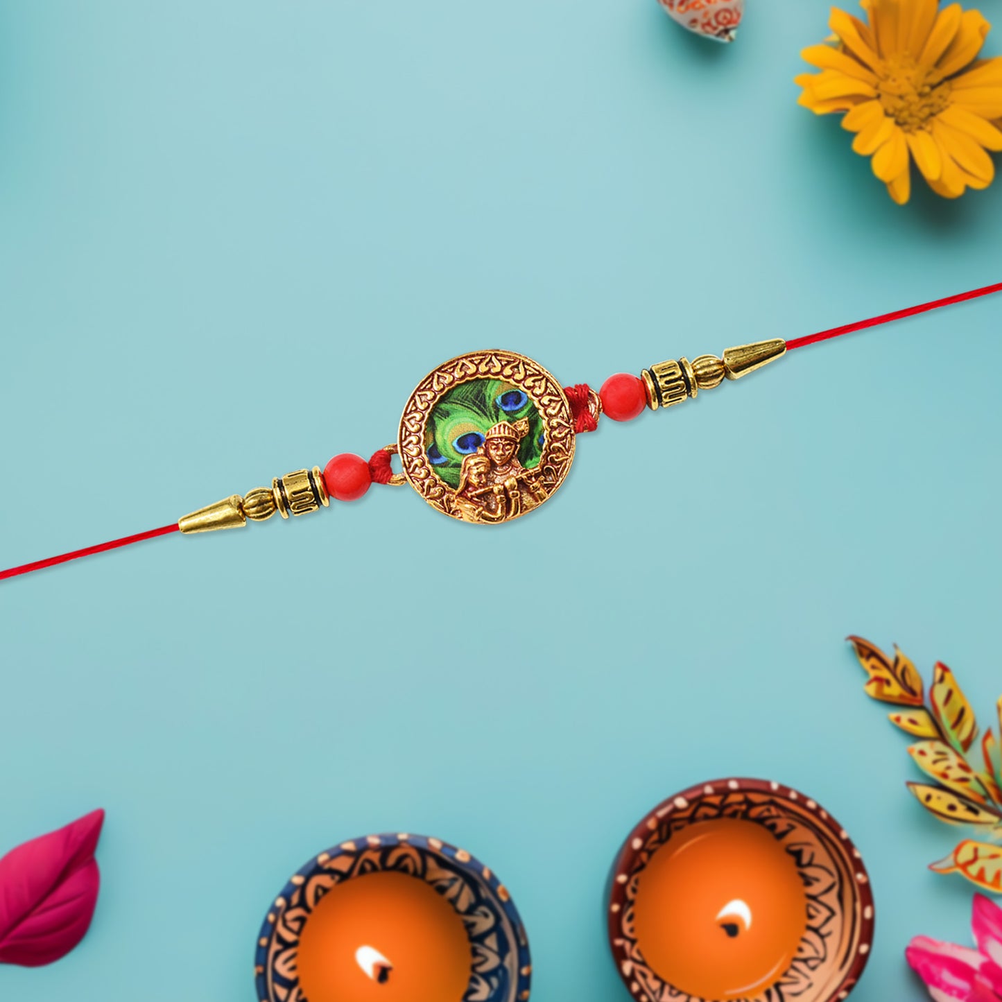 Traditional Krishna Rakhi With Peacock Feather Design And Decorative Beads On Red Thread