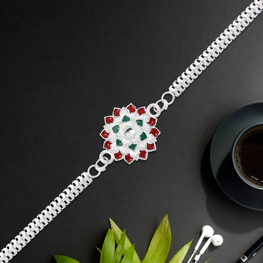 Traditional Floral Rakhi With Red  Green Stones  Silver Designer Rakhi For Brother